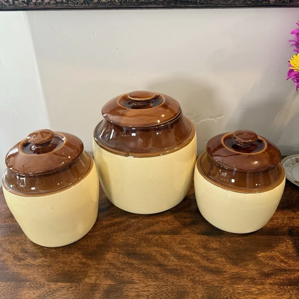 Vintage USA Pottery BP-66 Cream Brown Crocks Set Of 3‎ Bean Pot Cookie Jar
